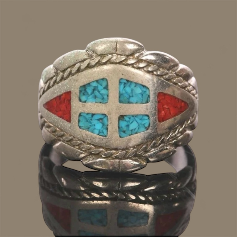 Navajo Nickel Silver Ring with Turquoise and Red Coral Inlay 11gr Sz 11.75